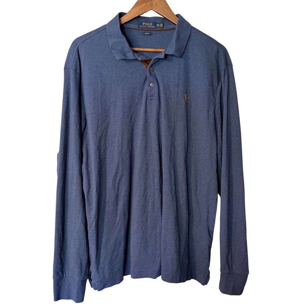 Polo Ralph Lauren Polo XXL Slim Fit‎ Blue Long Sleeve Cotton Heathered Pony Logo